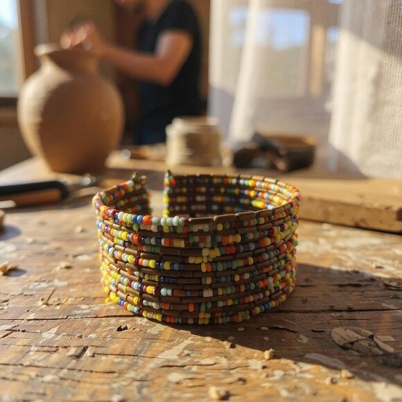 Cuff Bracelet Multicolored Seed Bead Memory Wire Stretch 70s Fashion - Picture 1 of 5